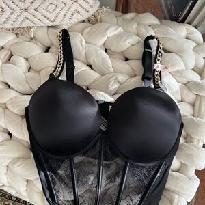 Victorias Secret Black Lace Corset Bra with Gold Chain Straps